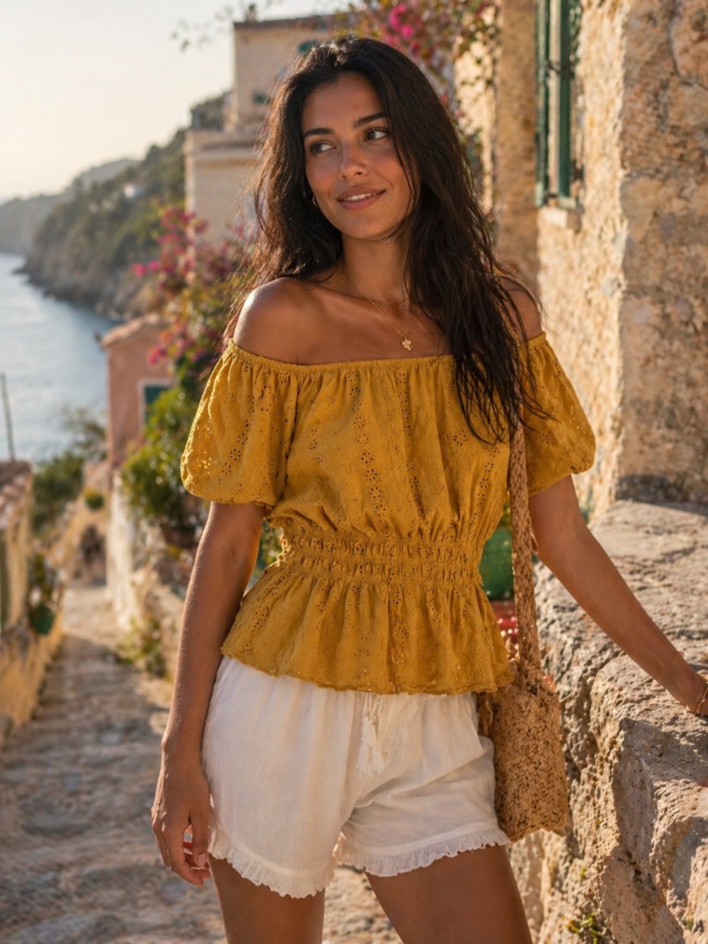Paper + Tee Mustard Eyelet Off Shoulder Peplum Top Size L Boho Euro Summer
